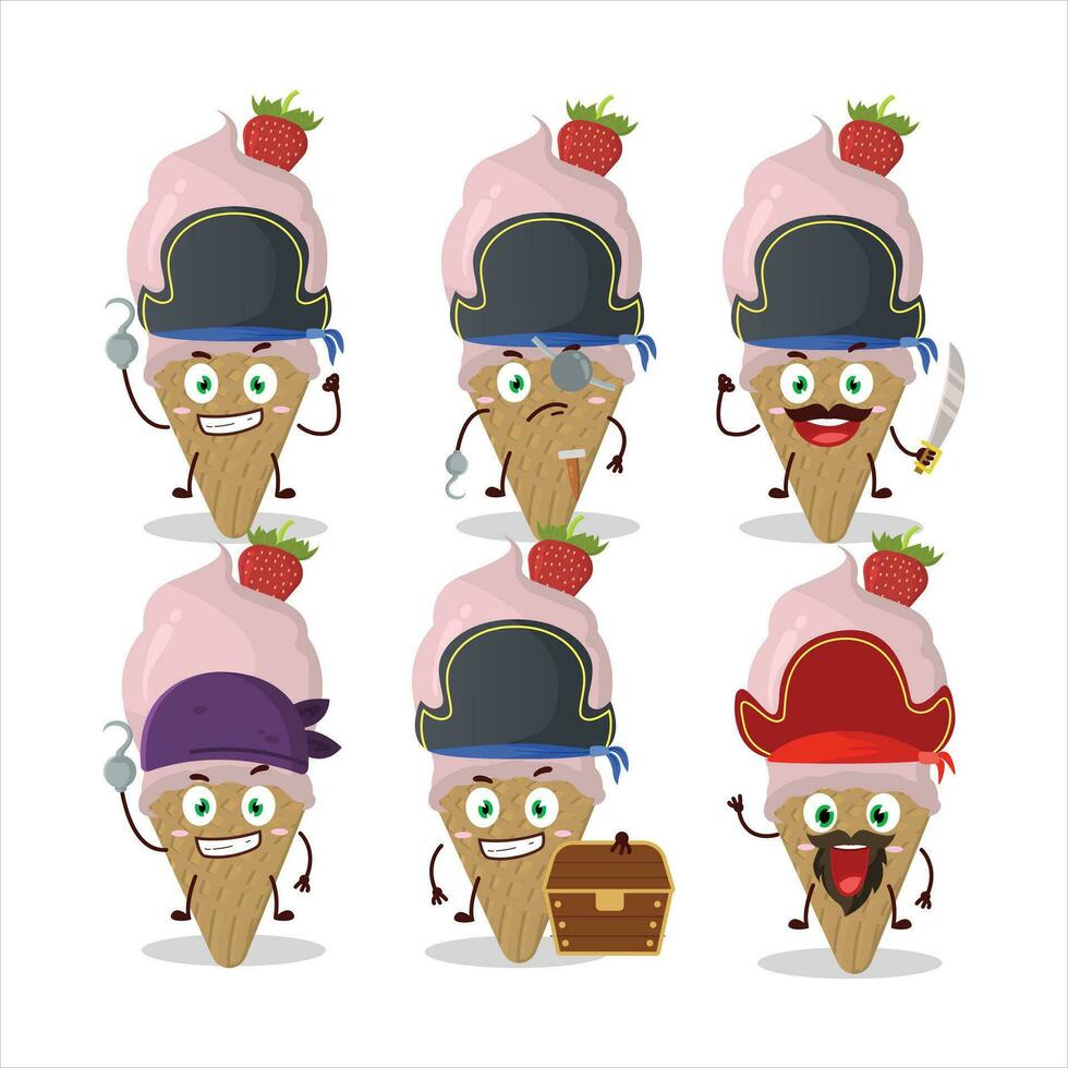 dibujos animados personaje de hielo crema fresa con varios piratas emoticones vector