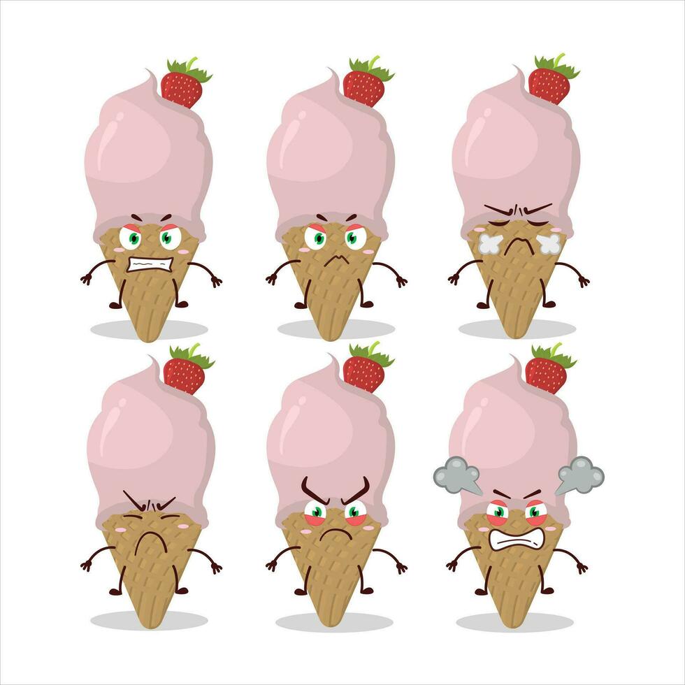 hielo crema fresa dibujos animados personaje con varios enojado expresiones vector
