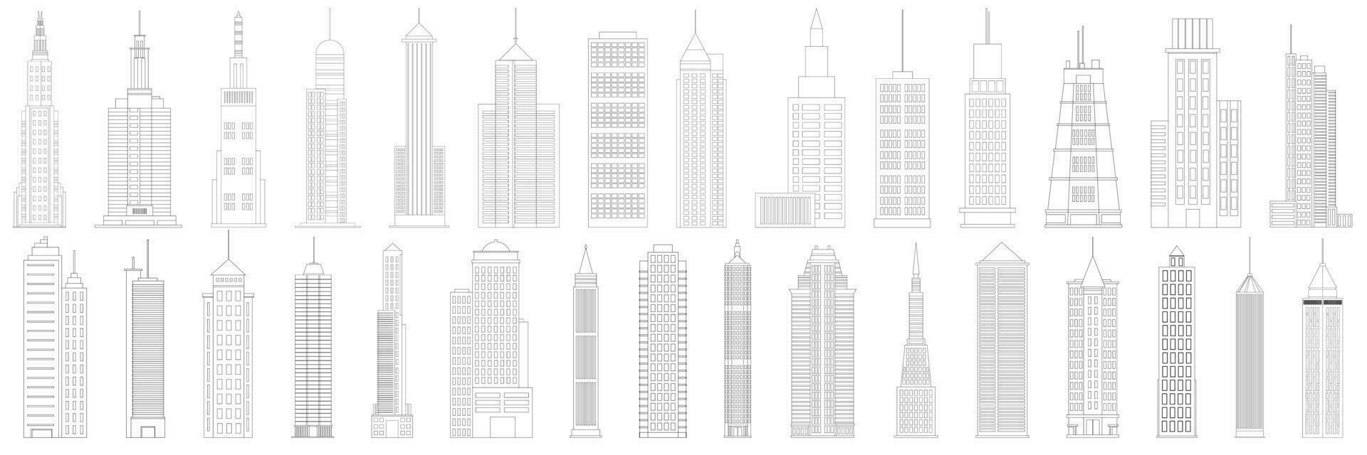 grande colección de garabatear rascacielos rascacielos contorno íconos colocar. negocio oficina edificios en garabatear estilo. vector ilustración