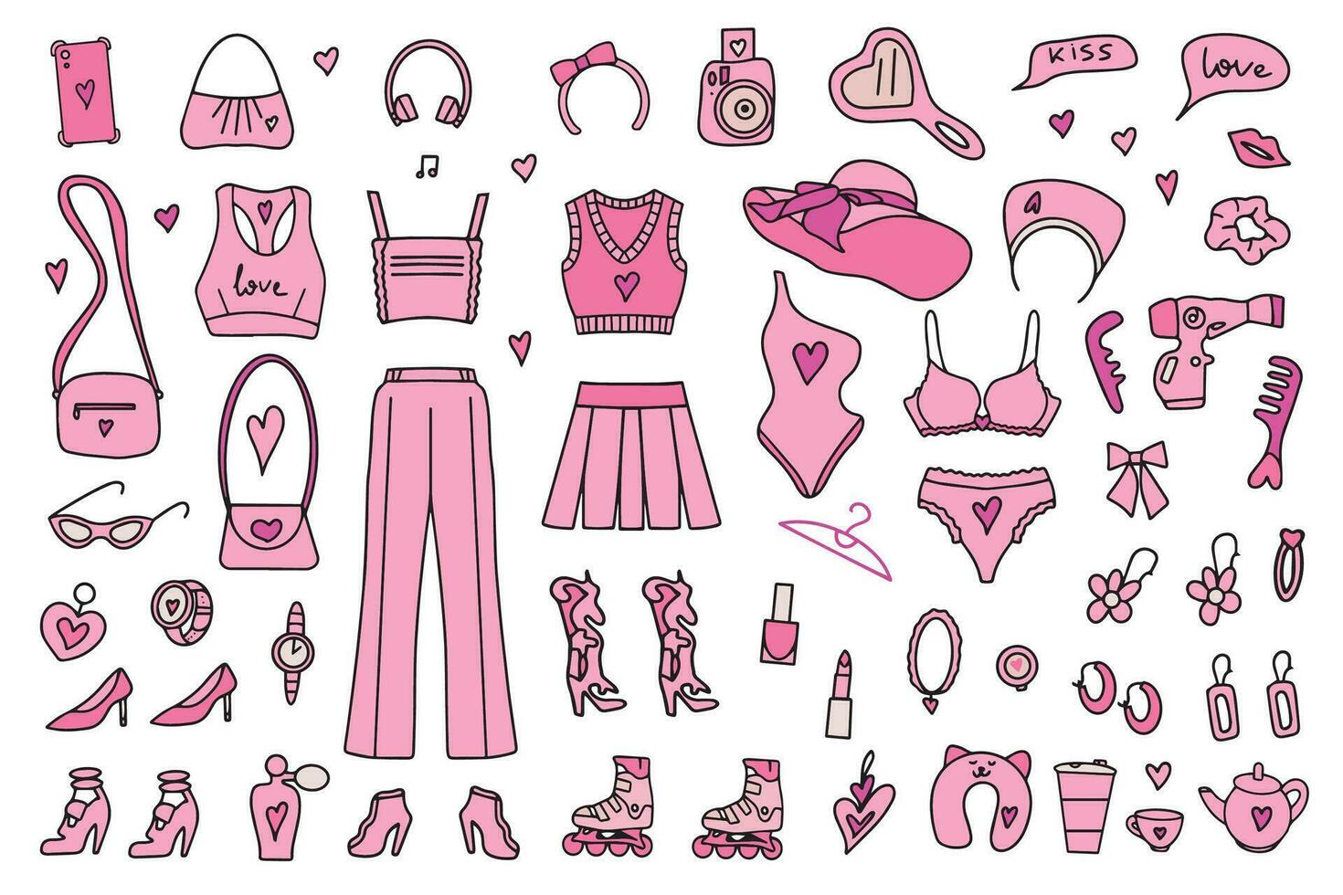 Pink fashion set, pink doll aesthetic accessories, cosmetics and clothes. Vector illustration. Vector illustration