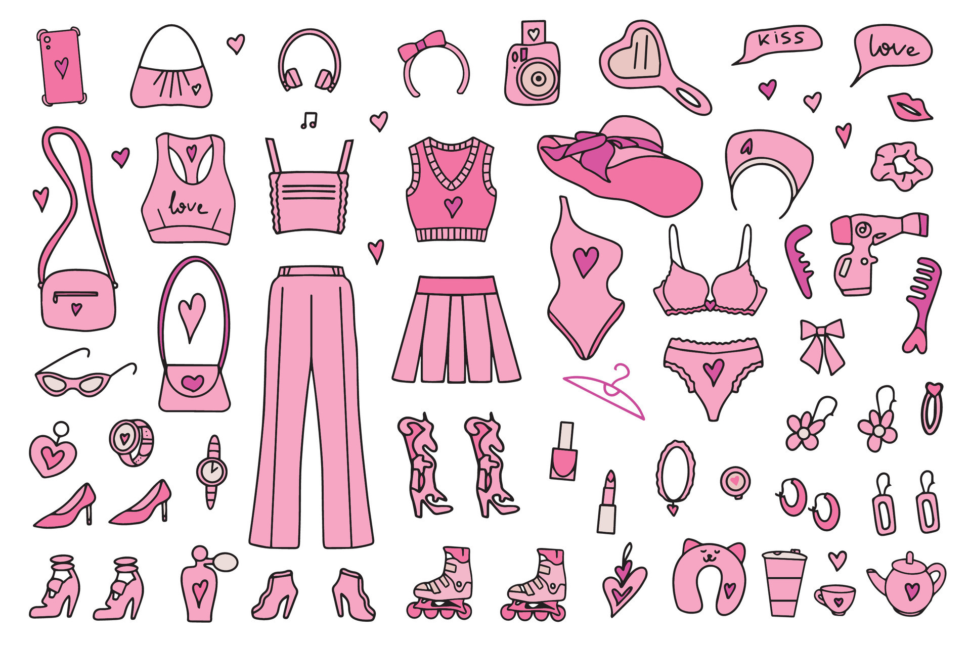 Pink fashion set, pink doll aesthetic accessories, cosmetics and clothes.  Vector illustration. Vector illustration 31109682 Vector Art at Vecteezy