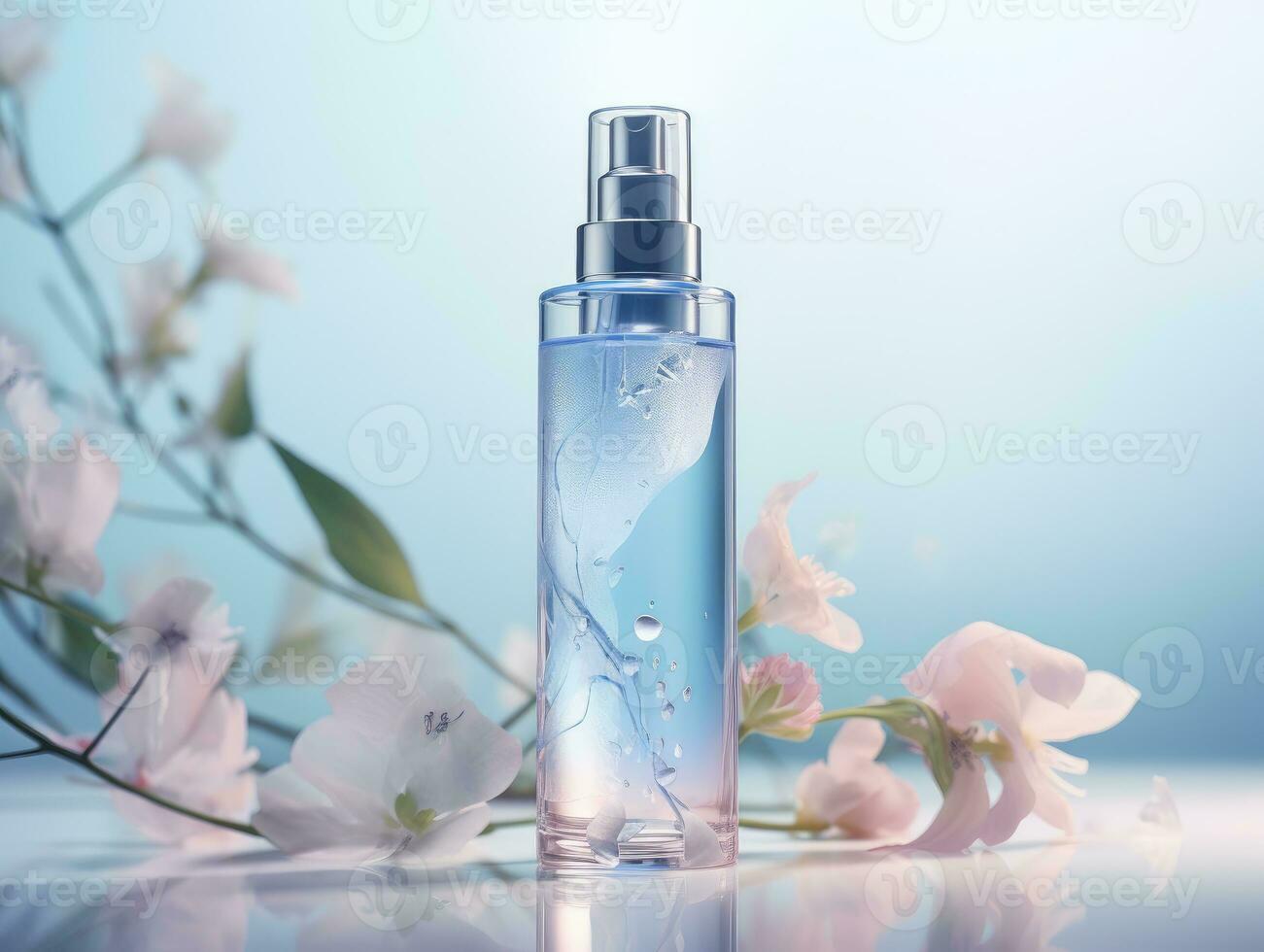 cosmetic product mockups on fresh field. Background for presentation of cosmetic. AI Generative. photo