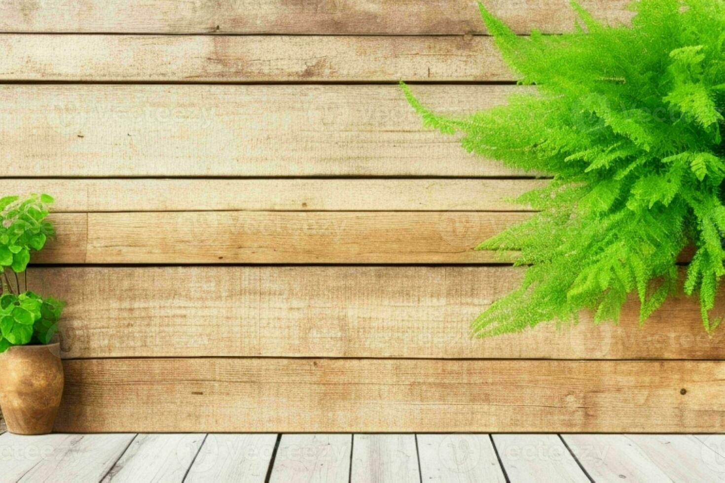 Wooden background with some plants natural scene. AI Generative Pro Photo