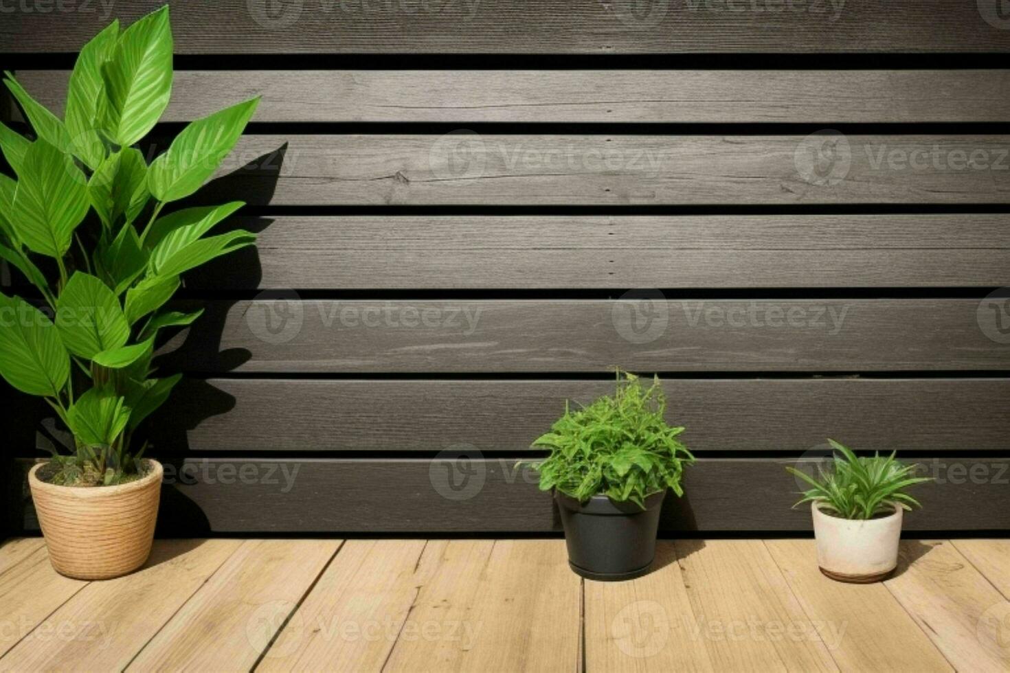Wooden background with some plants natural scene. AI Generative Pro Photo