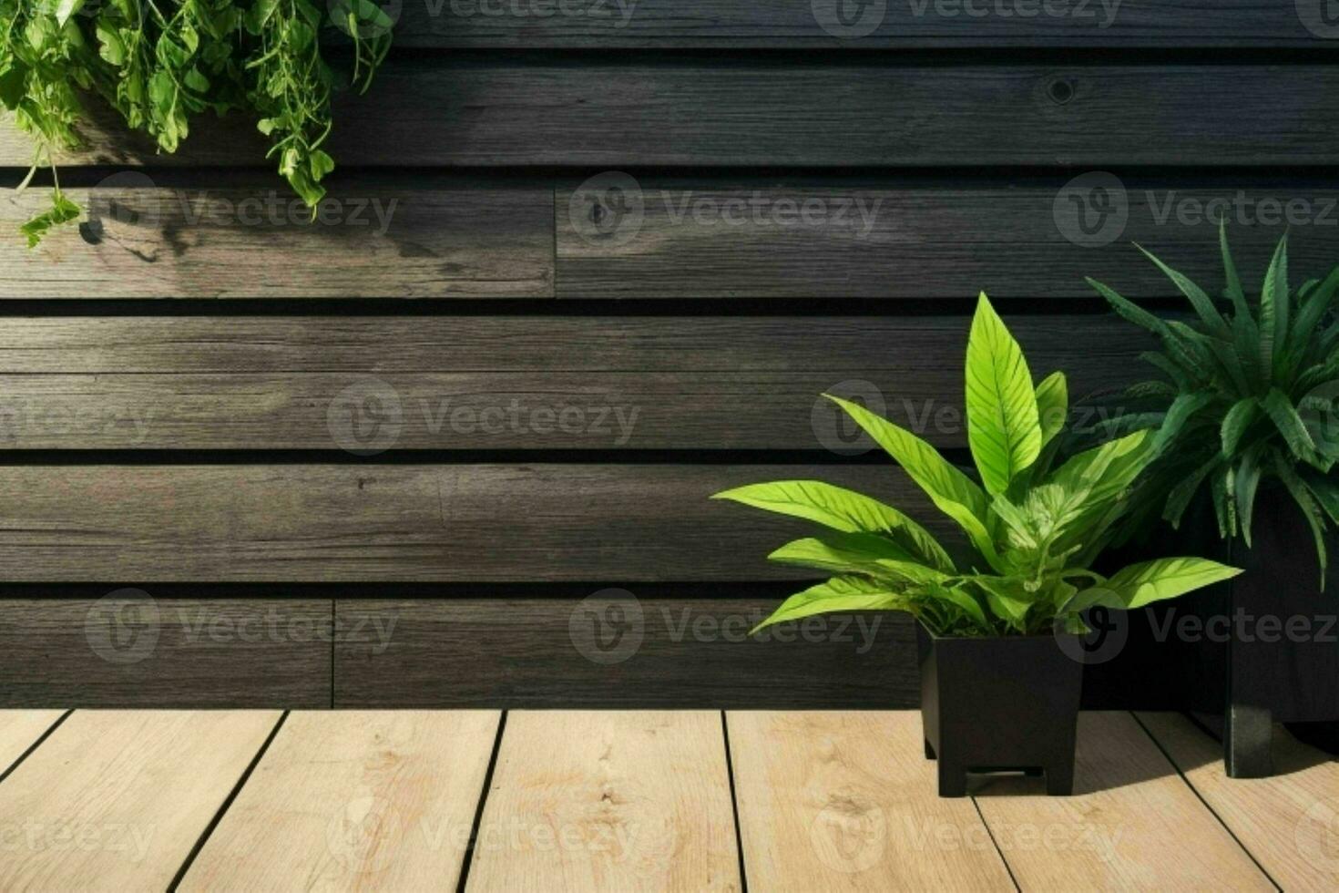 Wooden background with some plants natural scene. AI Generative Pro Photo