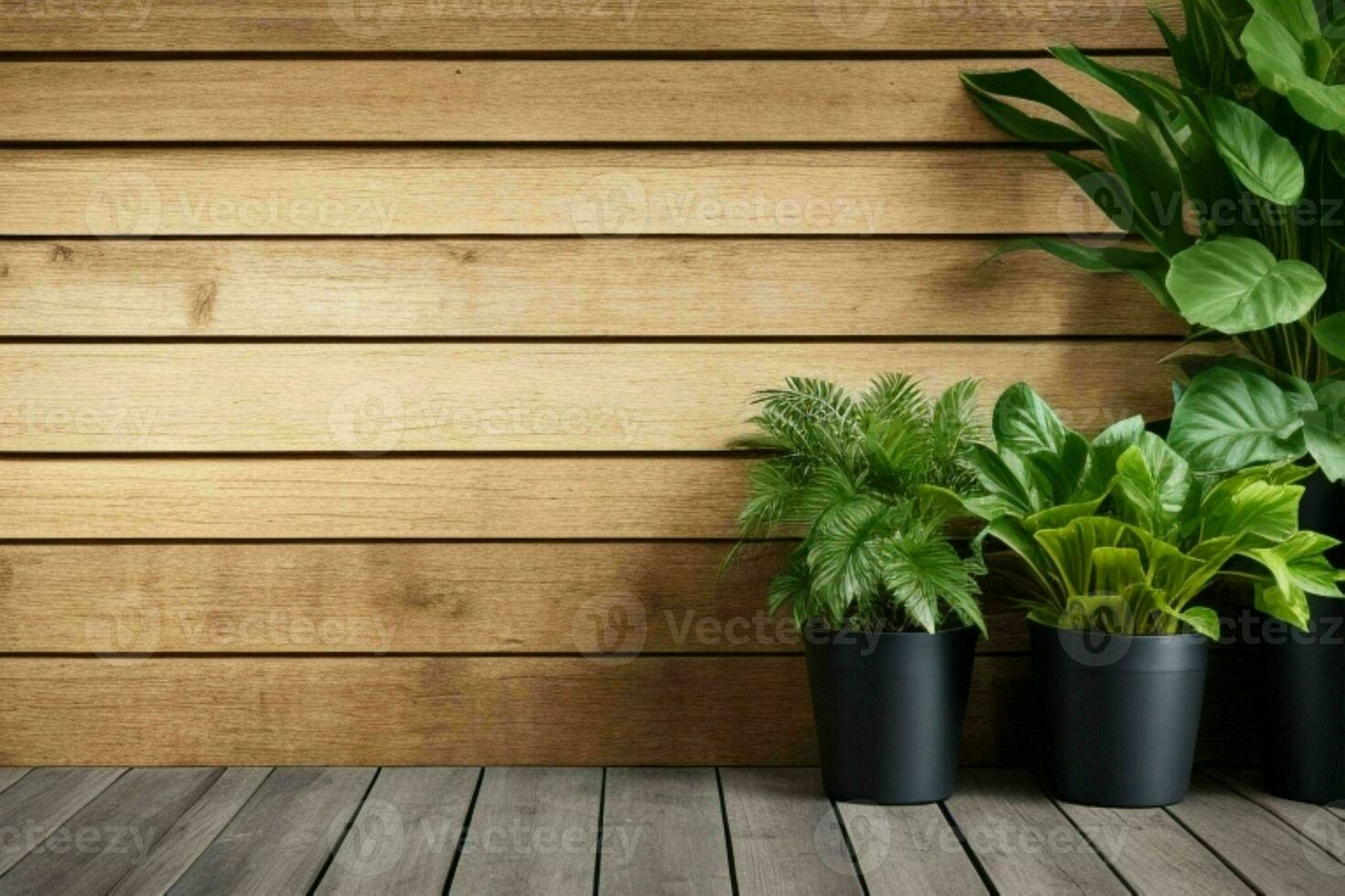 Wooden background with some plants natural scene. AI Generative Pro Photo