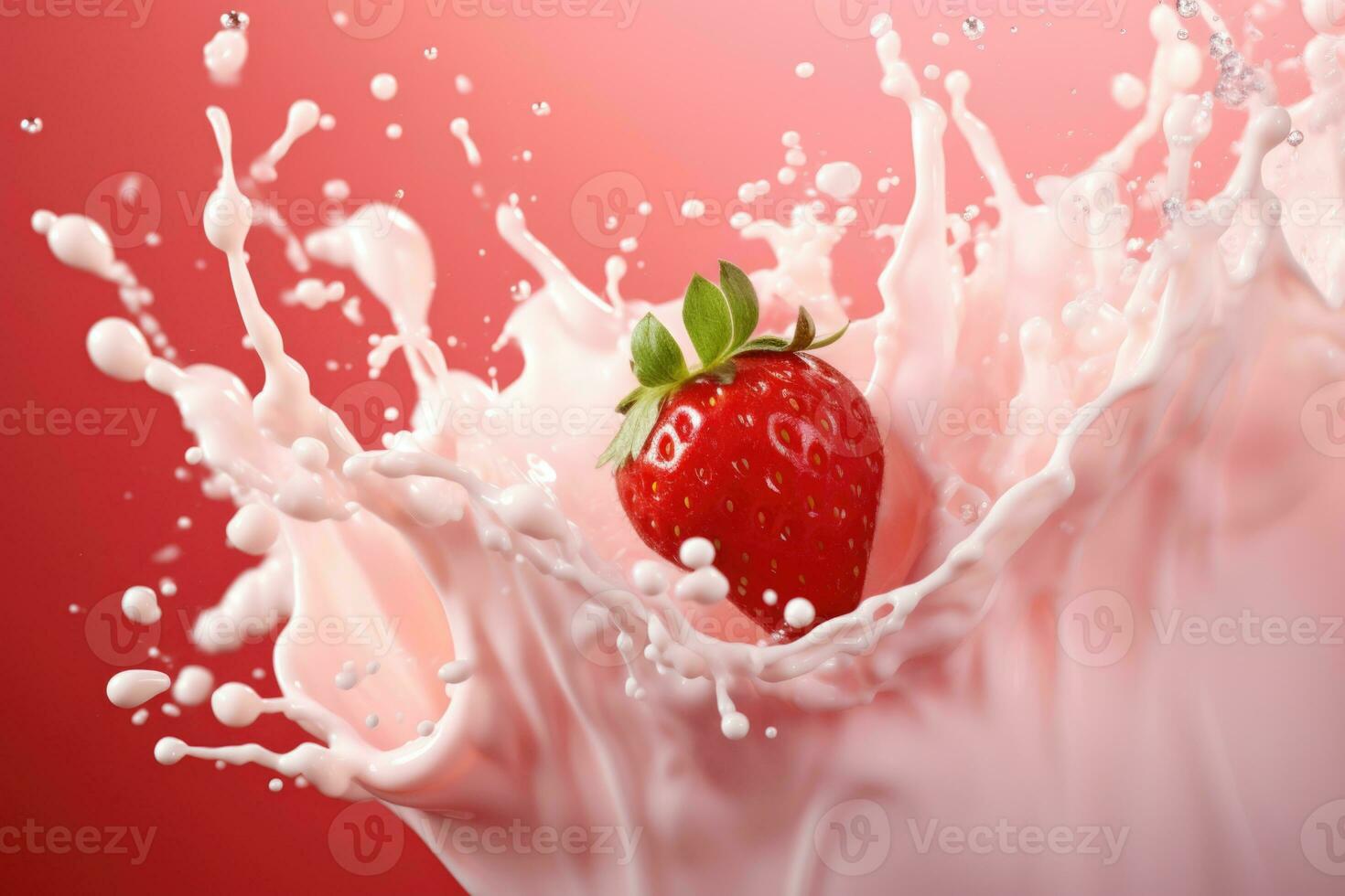 Strawberries fall in a milky pink splash on a pink background. Image of strawberry yogurt, milkshake or smoothie. photo