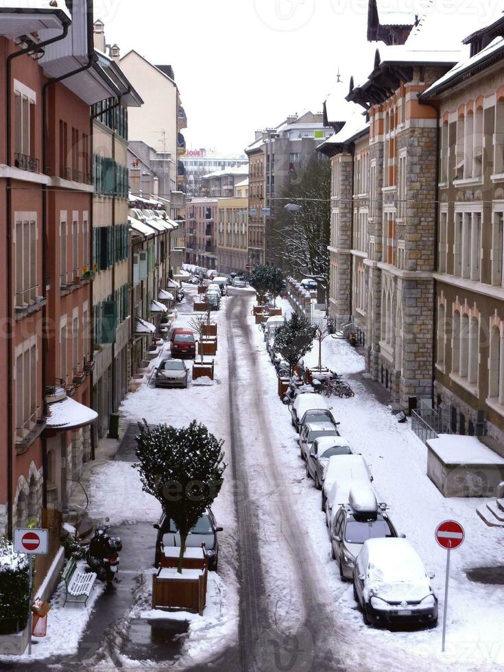 Geneva snowy street, Switzerland photo