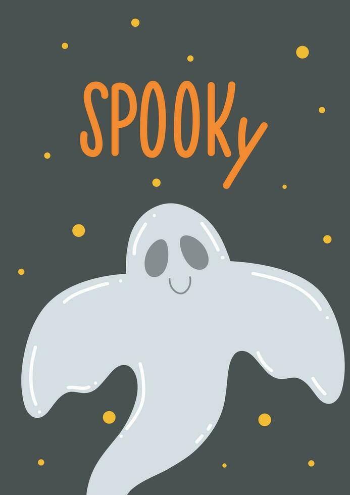 Party halloween postcard for kids. Happy halloween invitation. Spooky. Cute funny ghost for children party vector