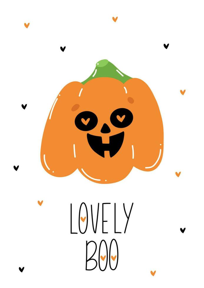 Halloween card for kids party. Happy Halloween. Cute vector cartoon greeting card with lovely pumpkin with hearts. Boo