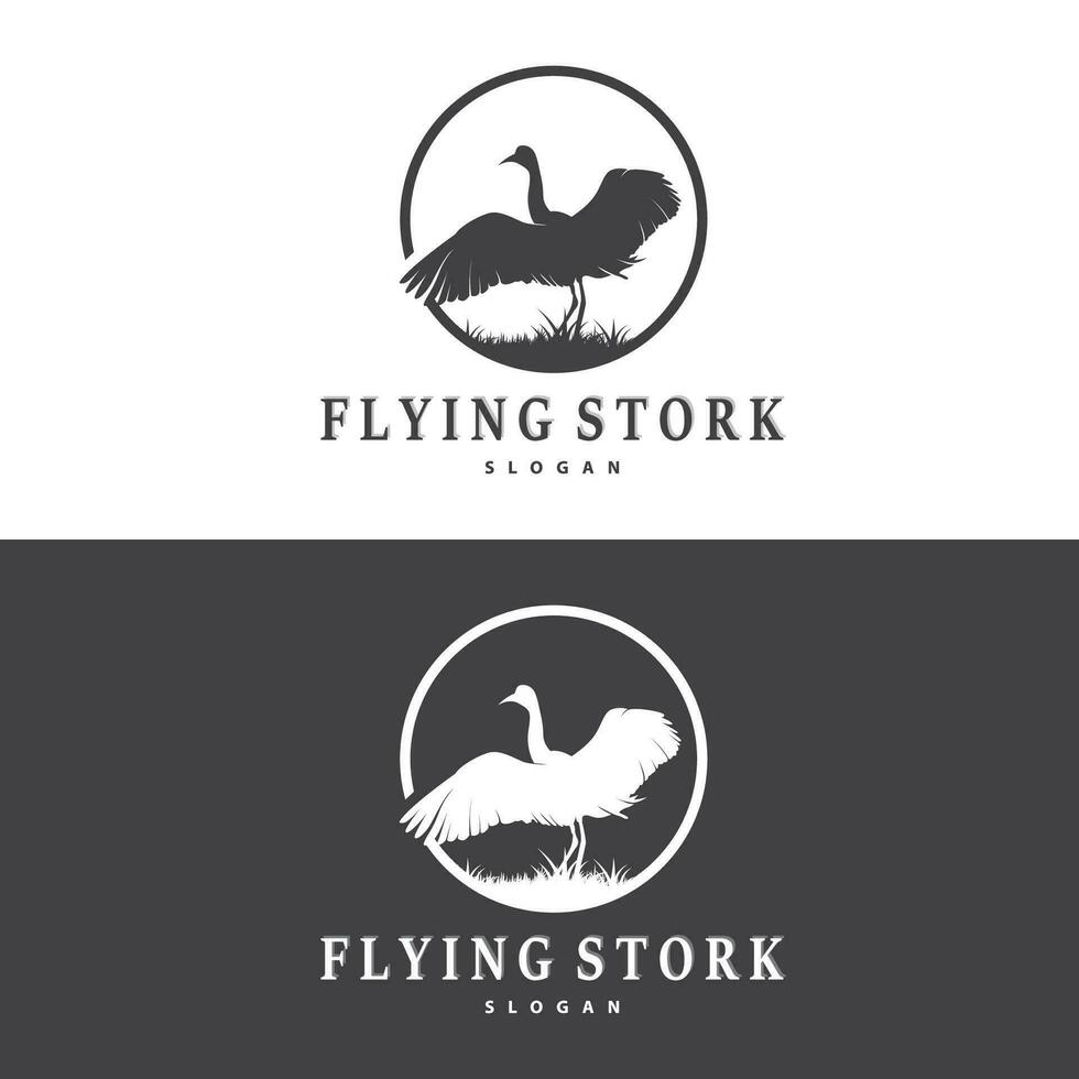 Stork Bird Logo, Heron, Grass, And River Design, Vector Simple Template illustration