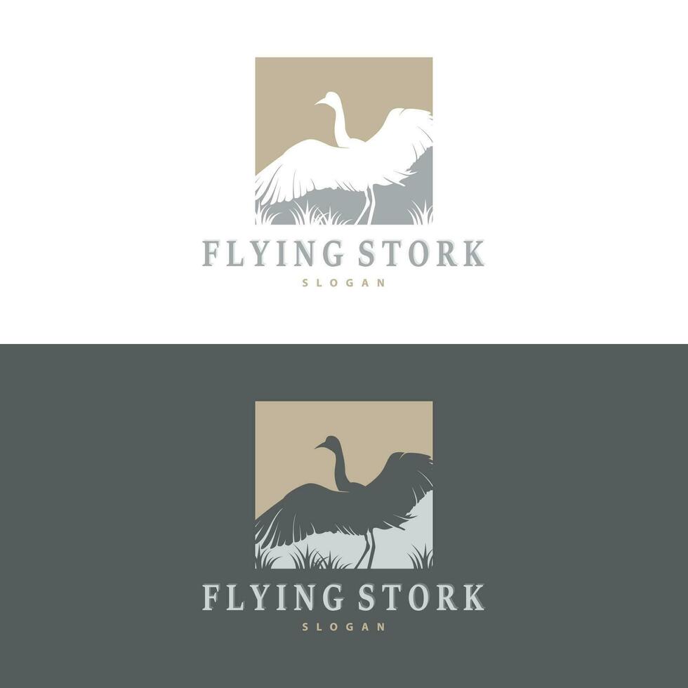 Stork Bird Logo, Heron, Grass, And River Design, Vector Simple Template illustration