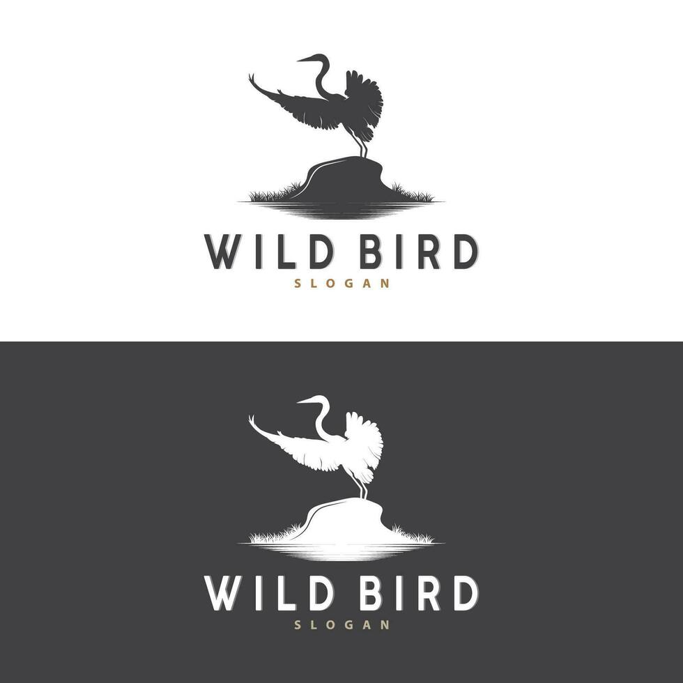Stork Bird Logo, Heron, Grass, And River Design, Vector Simple Template illustration