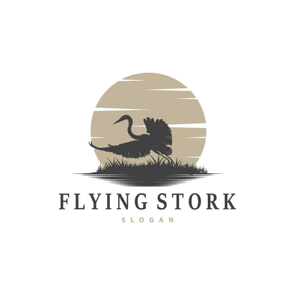 Stork Bird Logo, Heron, Grass, And River Design, Vector Simple Template illustration