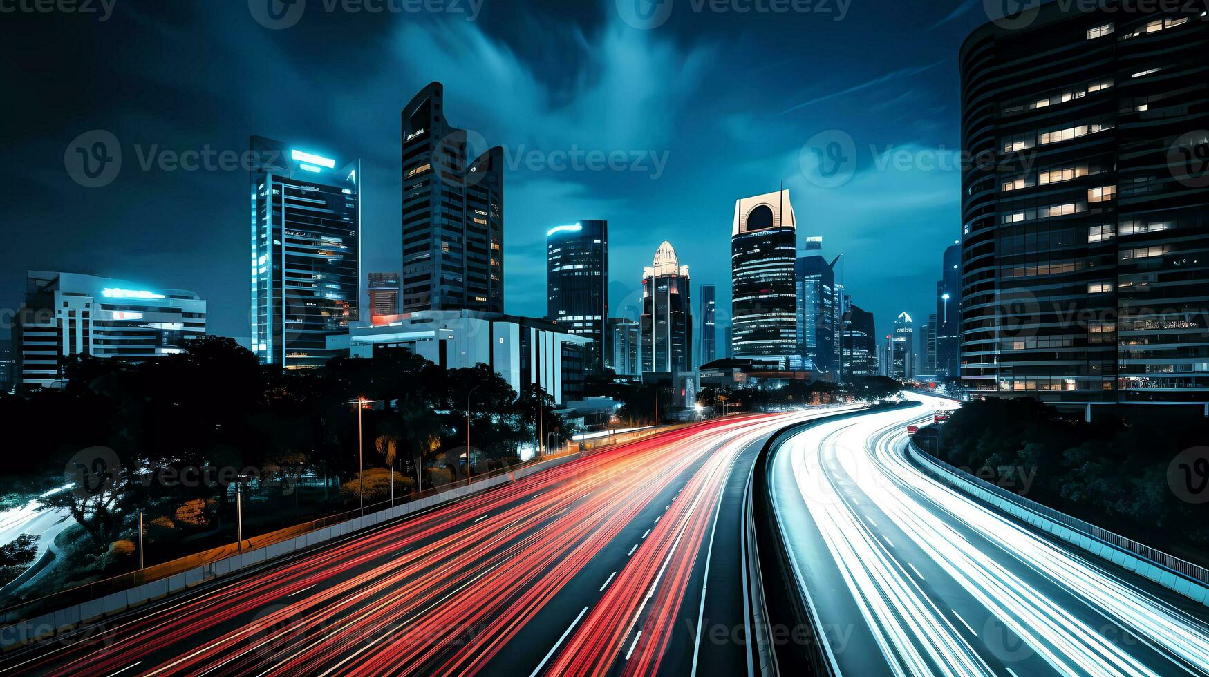 AI Generated Time lapse photography of a busy road nighttime in Jakarta. Long Exposure Photography. Blurred cars light trails. Motion blur. photo