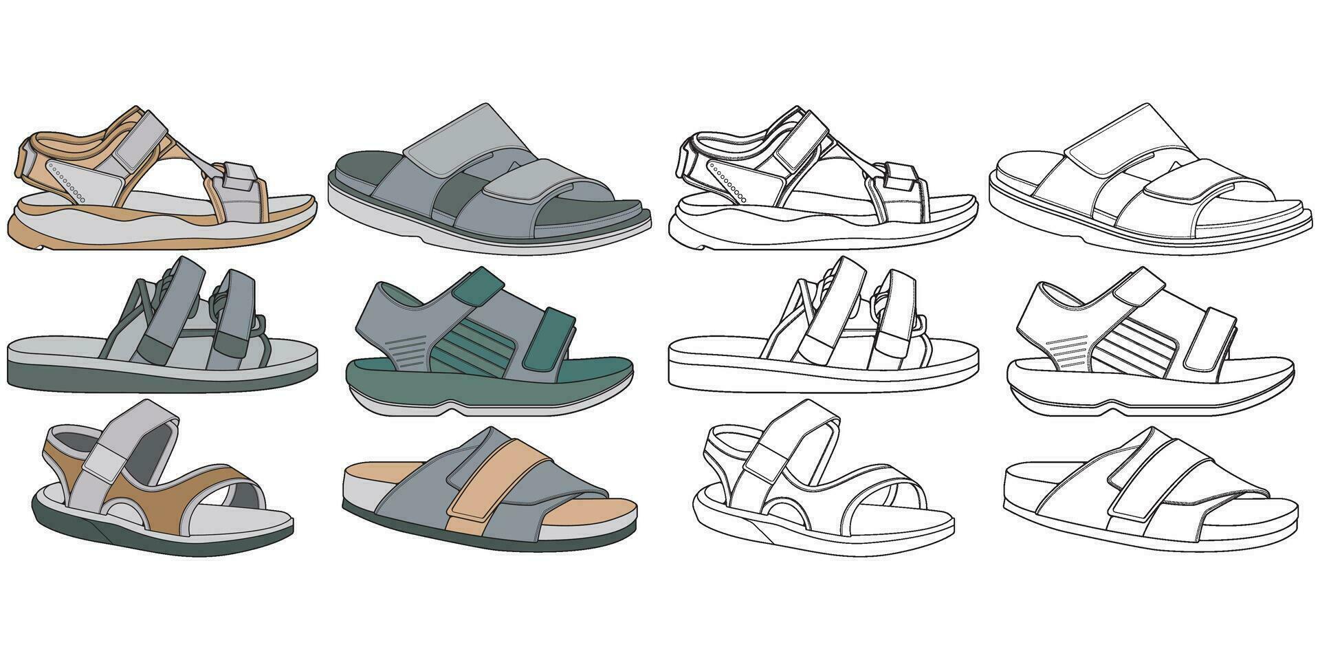 Strap sandals coloring drawing vector, strap sandals drawn in a sketch style, bundling strap sandals template full color, vector Illustration.