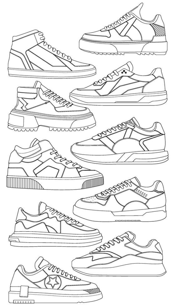 Set of shoes sneaker outline drawing vector, Sneakers drawn in a sketch style, bundling sneakers trainers template outline, vector Illustration.