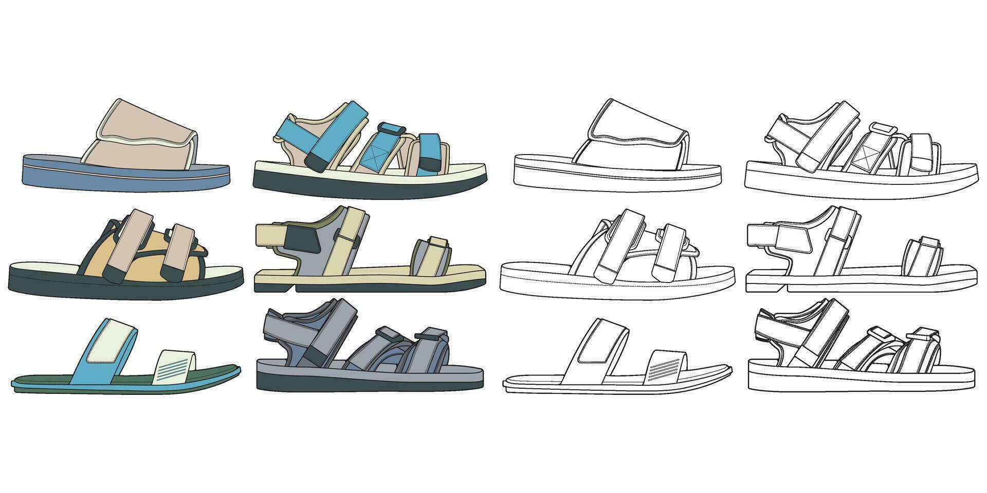 Strap sandals coloring drawing vector, strap sandals drawn in a sketch style, bundling strap sandals template full color, vector Illustration.
