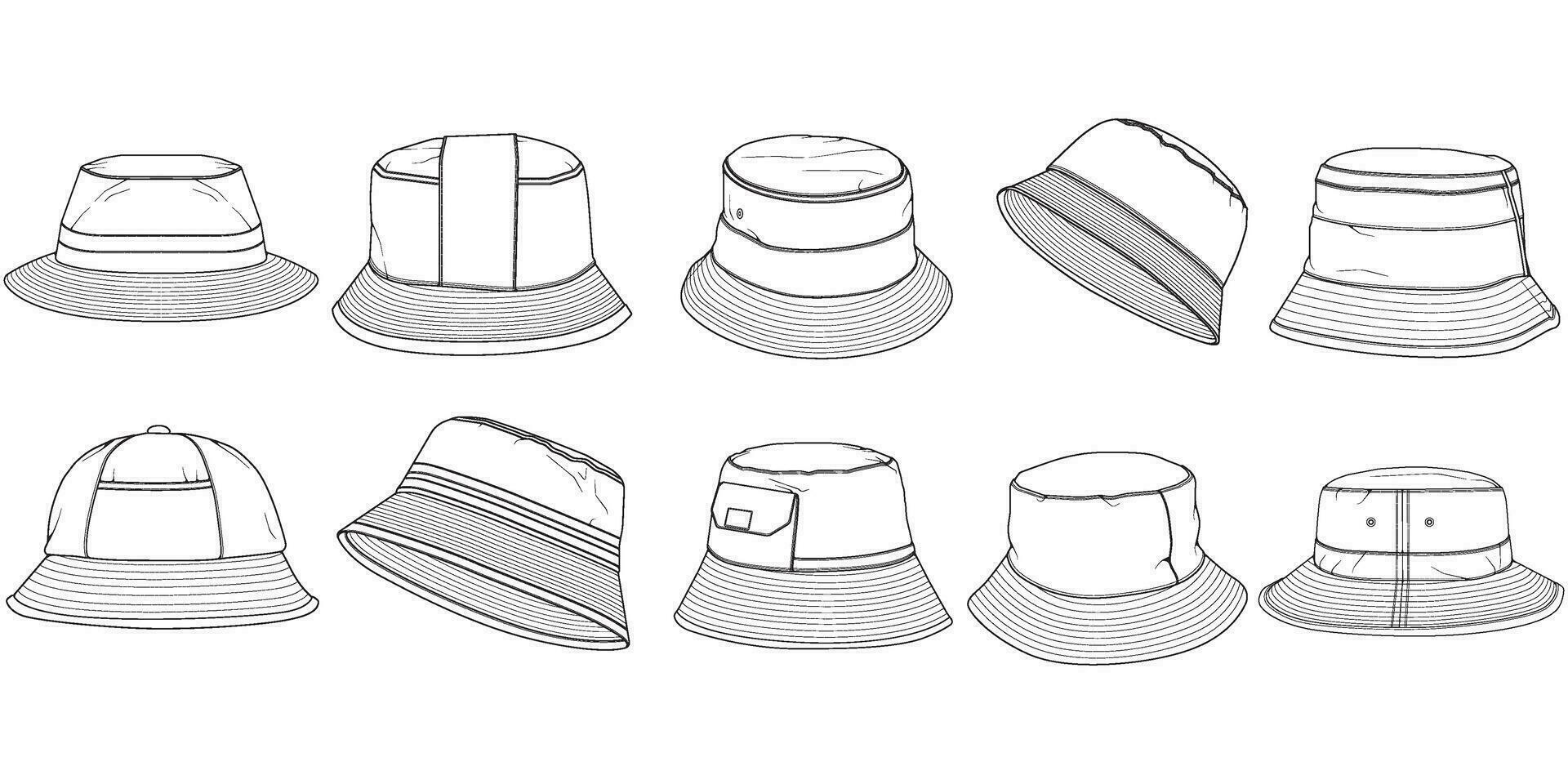 set of bucket hat outline drawing vector, bucket hat in a sketch style,  template outline for training, vector Illustration.