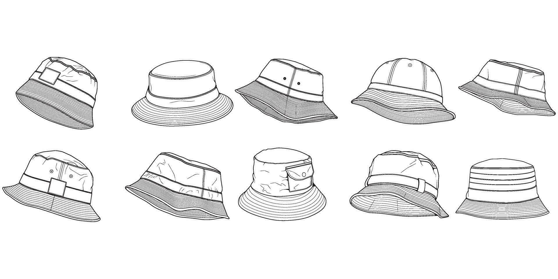 conjunto de Cubeta sombrero contorno dibujo vector, Cubeta sombrero en un bosquejo estilo, modelo contorno para capacitación, vector ilustración.