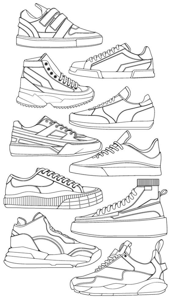Set of shoes sneaker outline drawing vector, Sneakers drawn in a sketch style, bundling sneakers trainers template outline, vector Illustration.