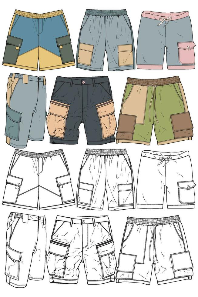 moderno corto pantalones colorante dibujo vector, moderno corto pantalones en un bosquejo estilo, formación modelo vector, vector ilustración.
