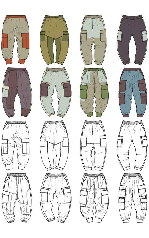 Cargo Pants colorful fashion hand drawing technical  template. Cargo pocket fashion mockup for training. vector