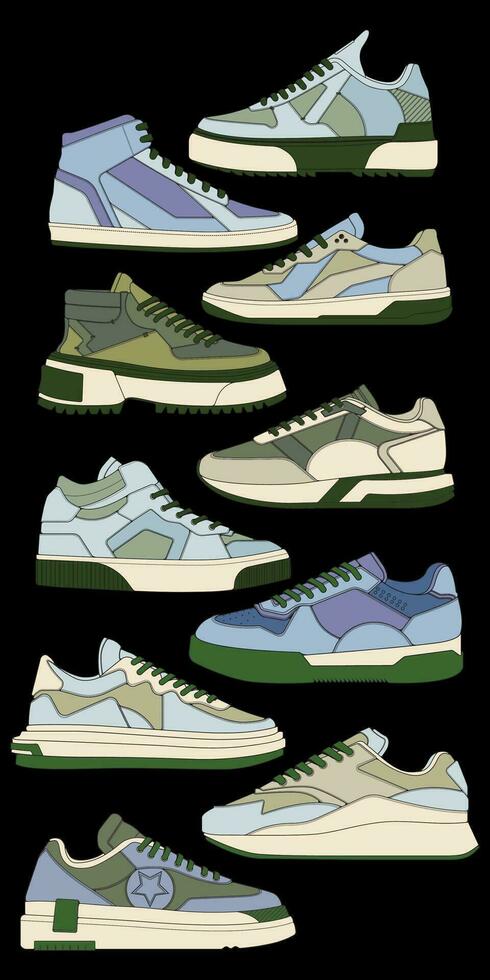 conjunto de Zapatos zapatilla de deporte dibujo vector, zapatillas dibujado en un bosquejo estilo, empaquetar zapatillas entrenadores plantilla, vector ilustración.