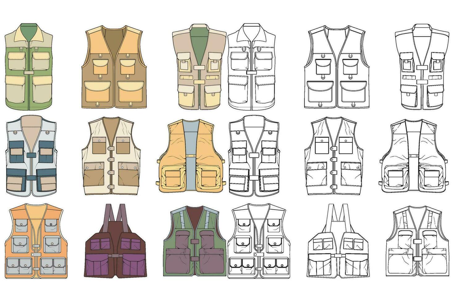 full color vector drawing vest set, vest with sketch style, training template vector vest, vector illustration.