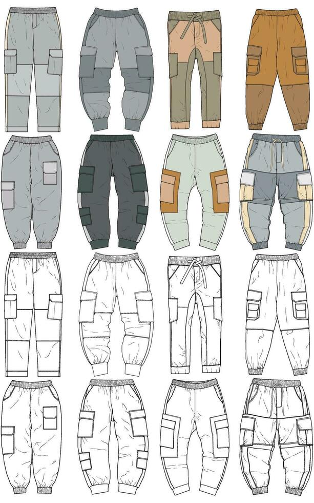 Cargo Pants colorful fashion hand drawing technical  template. Cargo pocket fashion mockup for training. vector