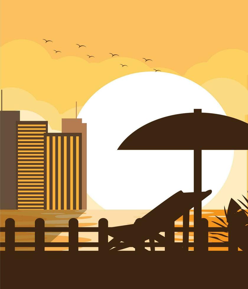 amanecer en el playa y ciudad vector