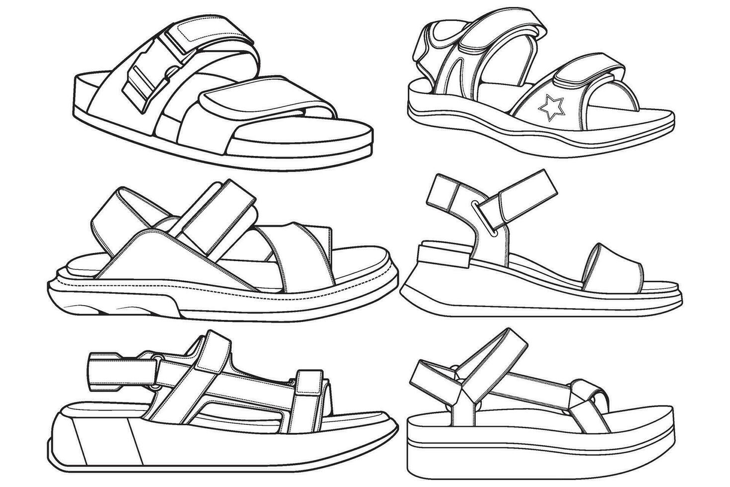 Strap sandals outline drawing vector, strap sandals drawn in a sketch style, bundling strap sandals template outline, vector Illustration.