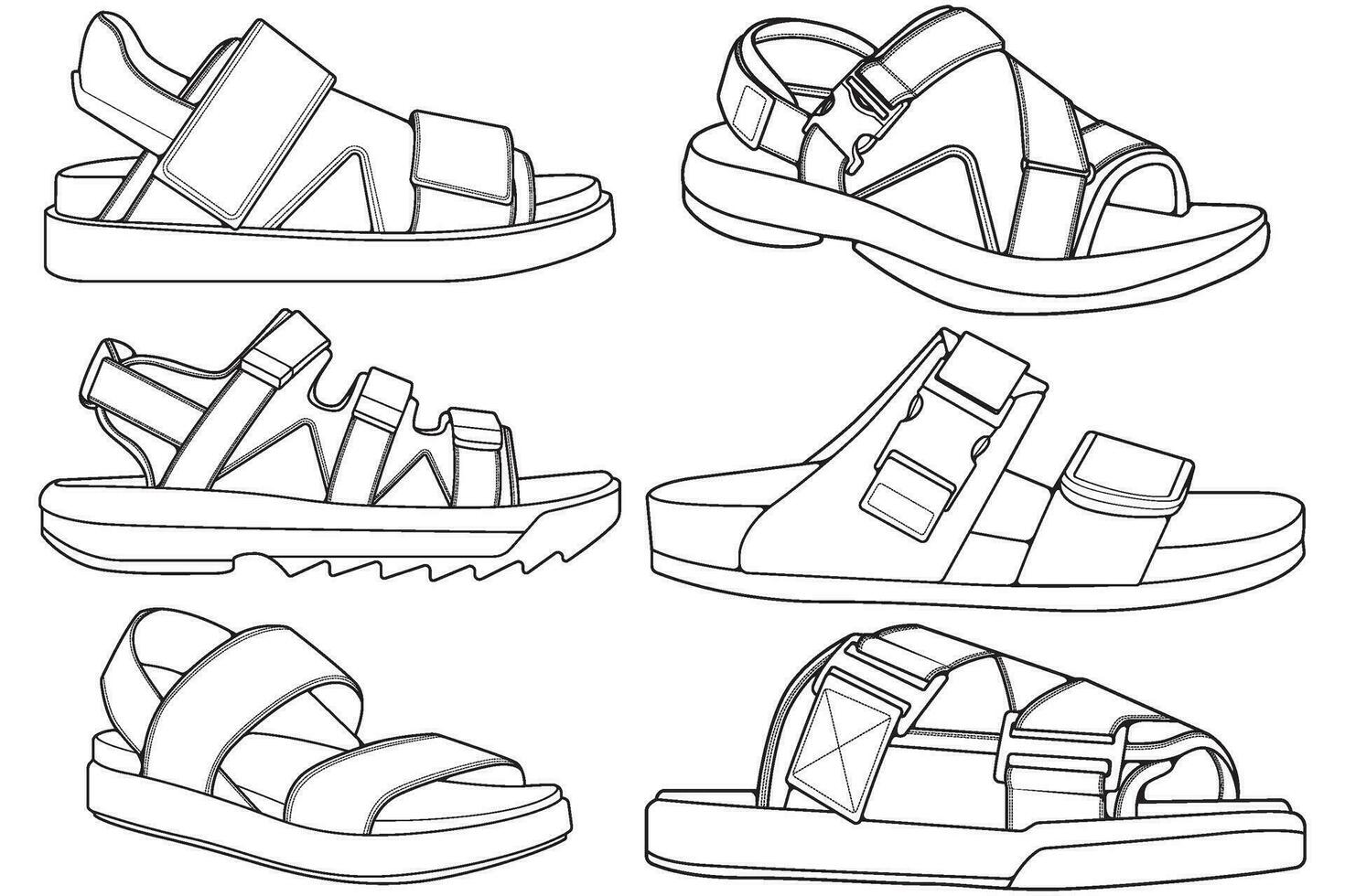 Strap sandals outline drawing vector, strap sandals drawn in a sketch style, bundling strap sandals template outline, vector Illustration.