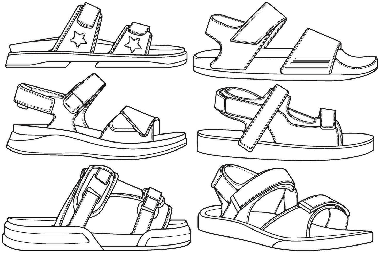 Strap sandals outline drawing vector, strap sandals drawn in a sketch style, bundling strap sandals template outline, vector Illustration.