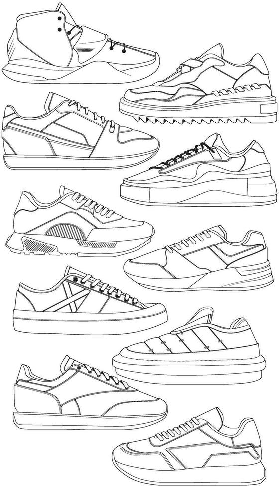 Set of shoes sneaker outline drawing vector, Sneakers drawn in a sketch style, bundling sneakers trainers template outline, vector Illustration.
