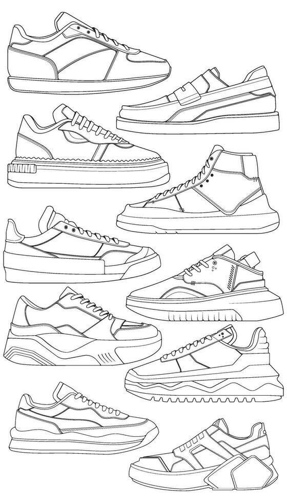 Set of shoes sneaker outline drawing vector, Sneakers drawn in a sketch style, bundling sneakers trainers template outline, vector Illustration.