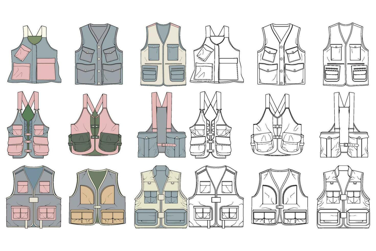 full color vector drawing vest set, vest with sketch style, training template vector vest, vector illustration.