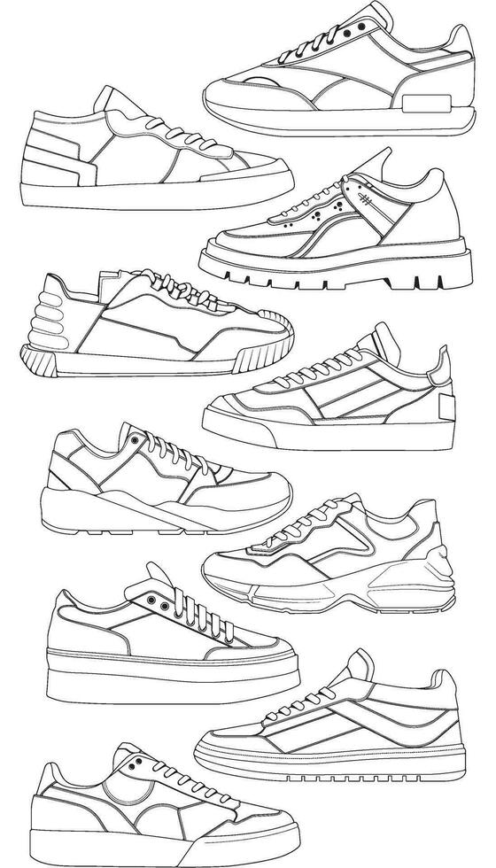 conjunto de Zapatos zapatilla de deporte contorno dibujo vector, zapatillas dibujado en un bosquejo estilo, empaquetar zapatillas entrenadores modelo describir, vector ilustración.