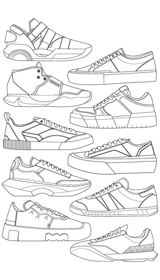 conjunto de Zapatos zapatilla de deporte contorno dibujo vector, zapatillas dibujado en un bosquejo estilo, empaquetar zapatillas entrenadores modelo describir, vector ilustración.