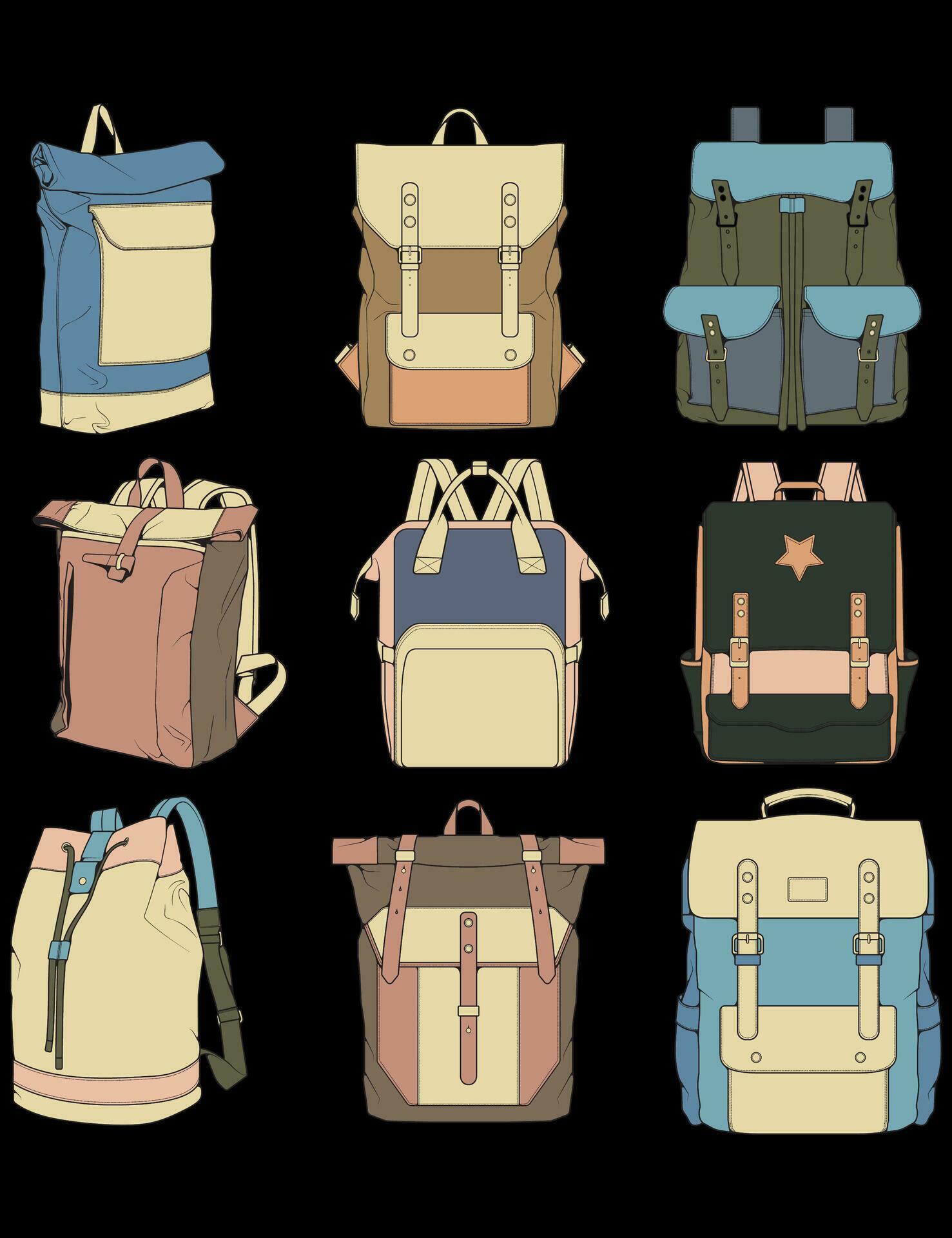 Hand drawn colorfull Vector Set of Backpacks. Cartoon Casual Backpack