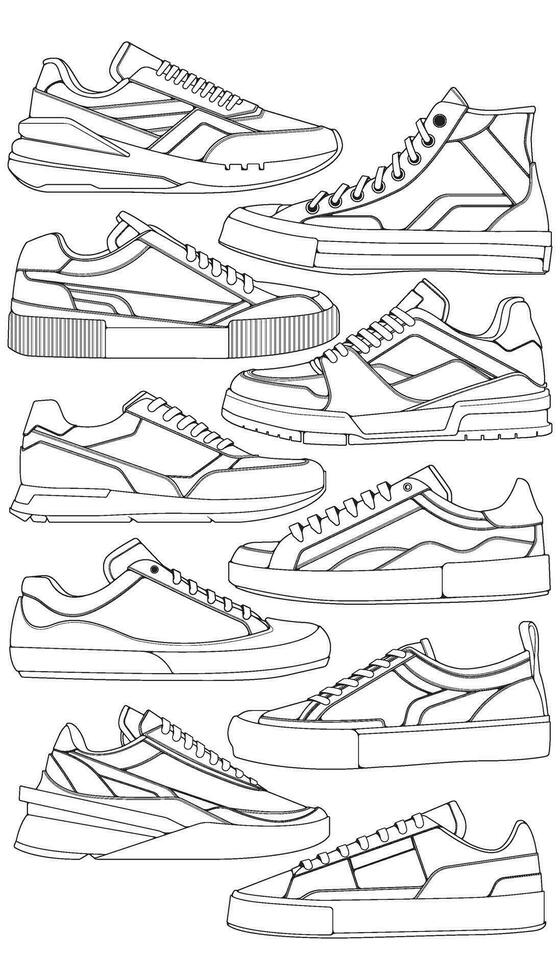 Set of shoes sneaker outline drawing vector, Sneakers drawn in a sketch style, bundling sneakers trainers template outline, vector Illustration.
