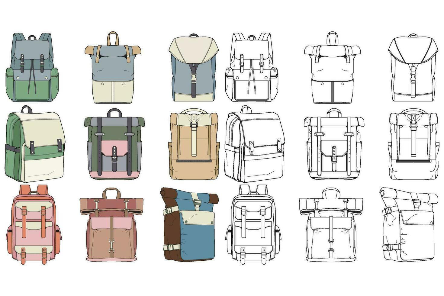 mano dibujado colorido vector conjunto de mochilas dibujos animados casual mochila, frio mochila colorido mochilas vector ilustración.