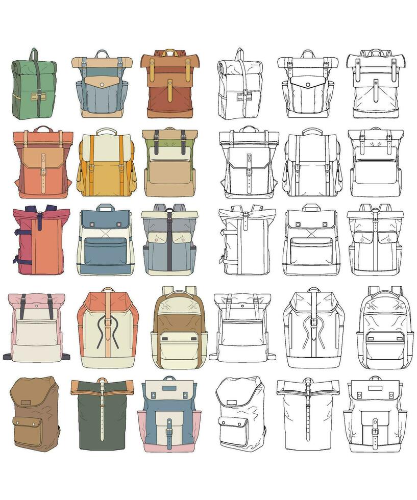 mano dibujado colorido vector conjunto de mochilas dibujos animados casual mochila, frio mochila colorido mochilas vector ilustración.