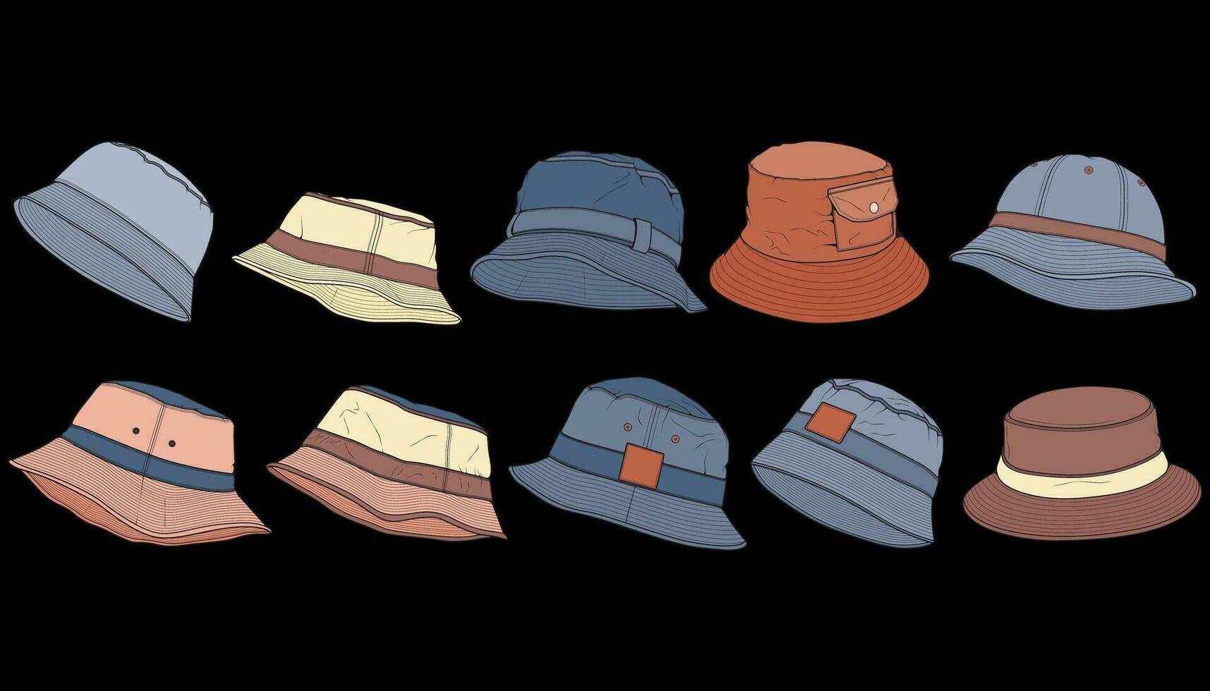 Bundle set bucket hat color block vector, set bucket hat in a full color style, trainers template outline, vector Illustration.