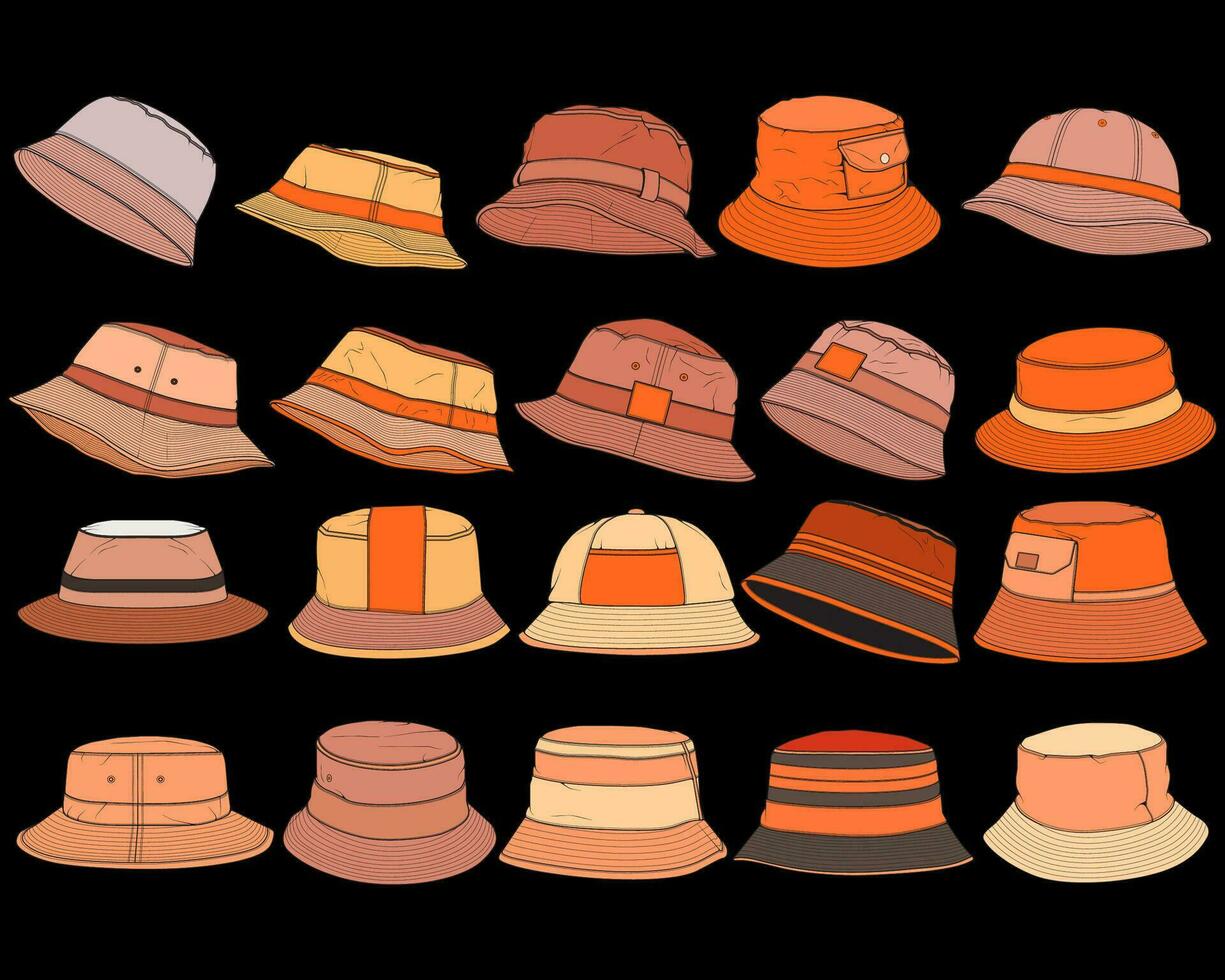 Bundle set bucket hat color block vector, set bucket hat in a full color style, trainers template outline, vector Illustration.