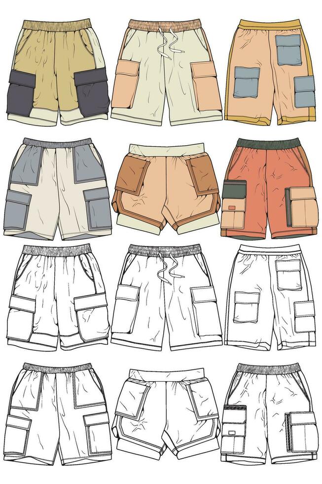 moderno corto pantalones colorante dibujo vector, moderno corto pantalones en un bosquejo estilo, formación modelo vector, vector ilustración.