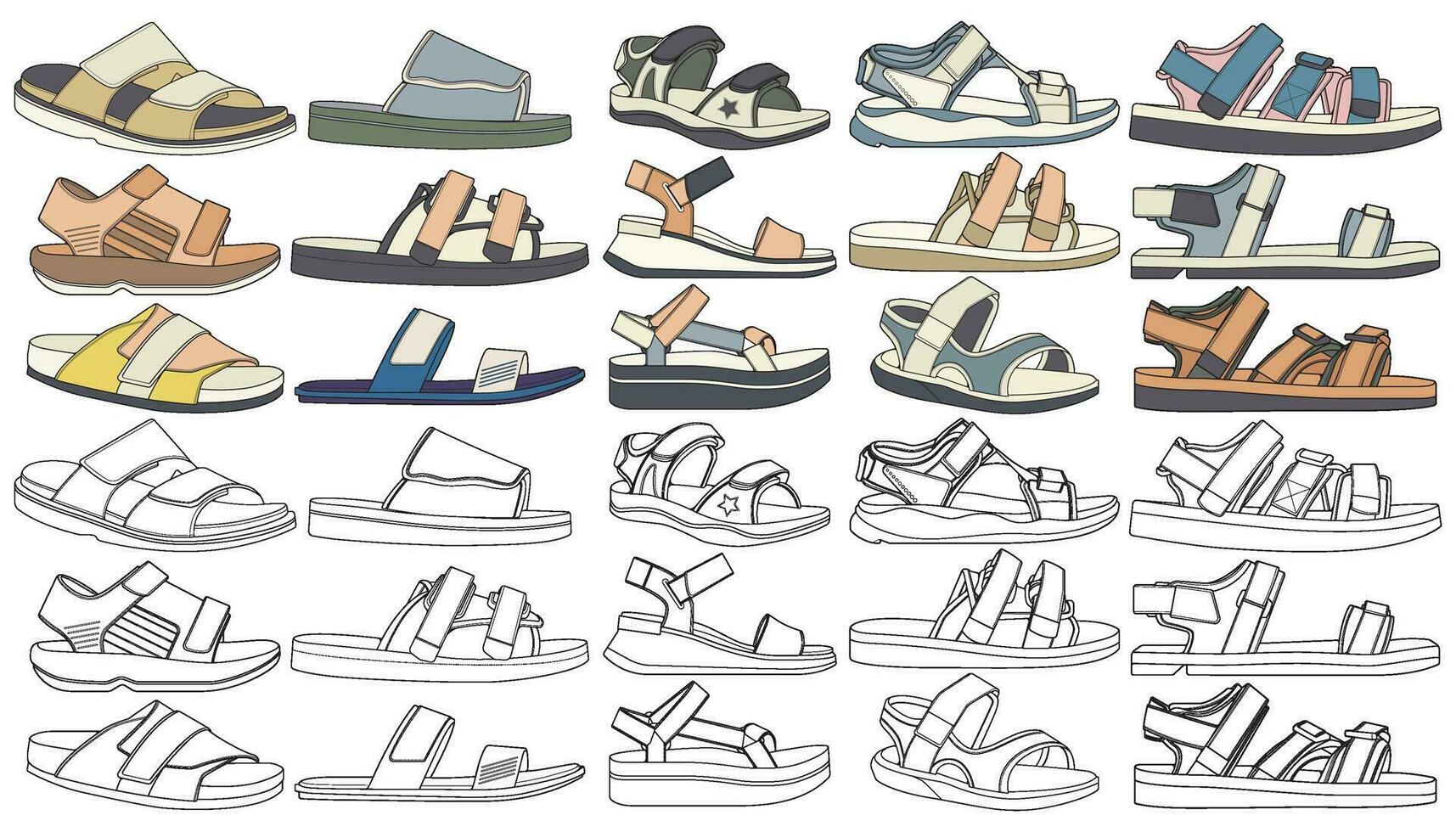 Strap sandals coloring drawing vector, strap sandals drawn in a sketch style, bundling strap sandals template full color, vector Illustration.