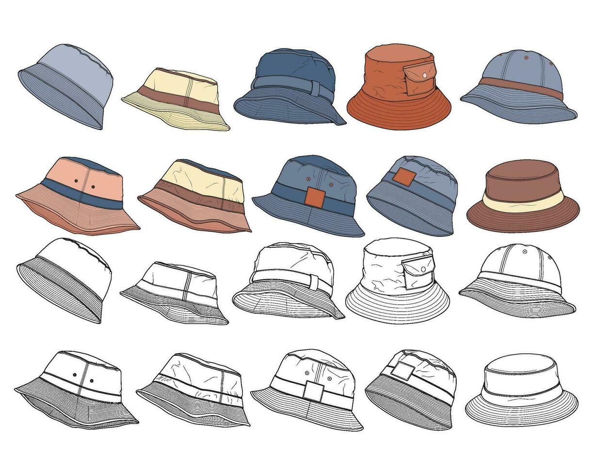 Bundle set bucket hat color block vector, set bucket hat in a full color style, trainers template outline, vector Illustration.