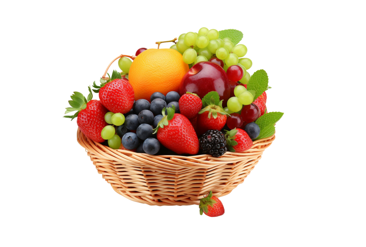 AI Generated Fruits including oranges, apples, grapes, bananas are in a wicker basket. png