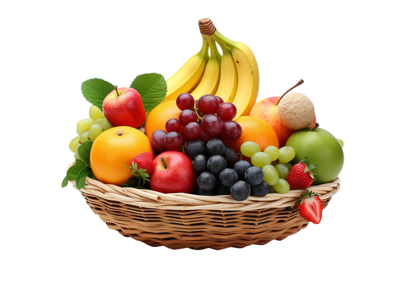 AI Generated Fruits including oranges, apples, grapes, bananas are in a wicker basket. png